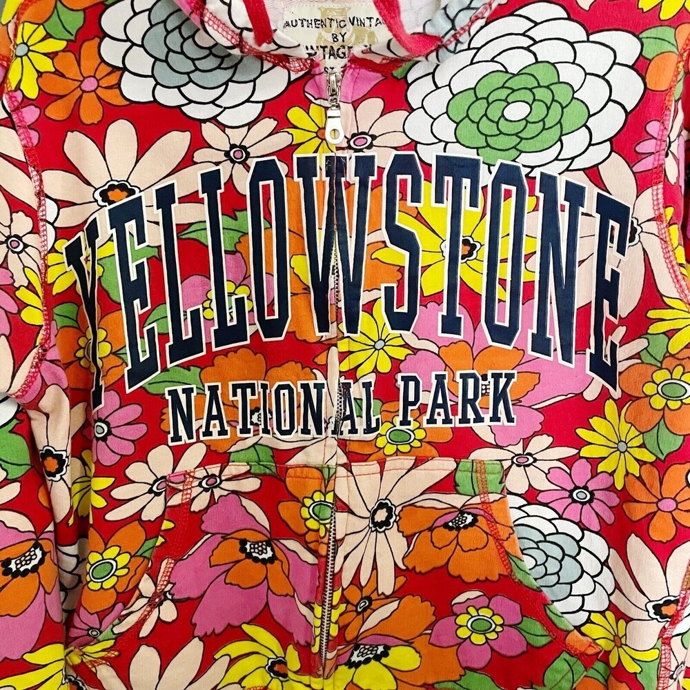 Vintage Girl Yellowstone Park 70s Floral Zip-Front Hoodie Red Pink Size Large - Picture 4 of 8